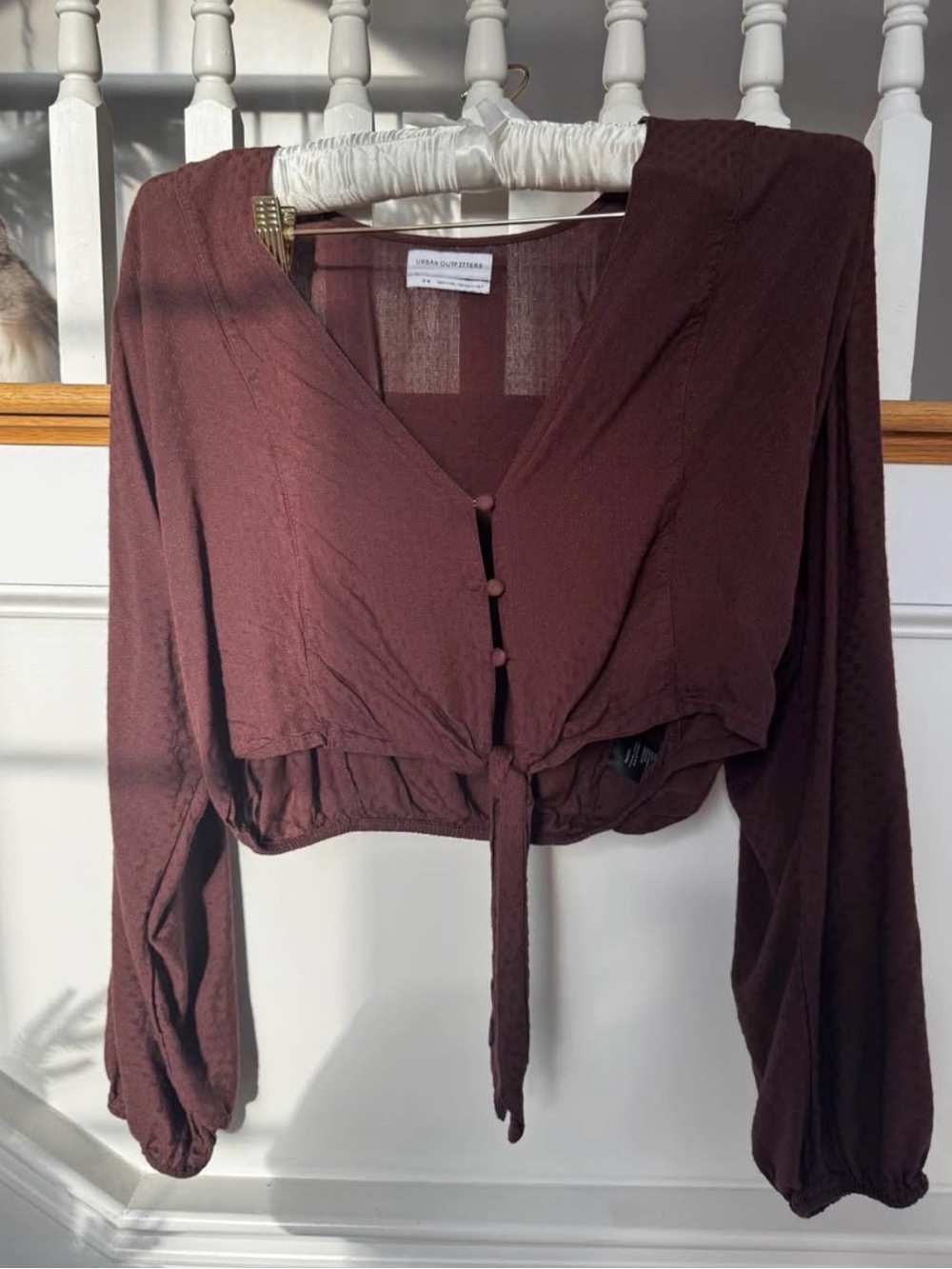 Urban Outfitters Maroon/Brown Tie-Front Cropped Blouse